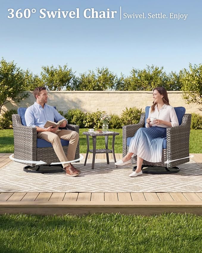 Outdoor Furniture Set of 3, Patio Chairs with Luxury 4" Cushion, Wicker Swivel Rocker Patio Chairs, and Side Table, High Back&Deep Seat for Garden Deck Porch Balcony Backyard - Blue
