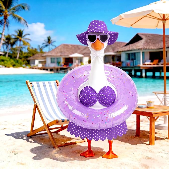 hoyuwak Bikini Goose Outfits Summer Hawaiian Porch Goose Outfits with Swimming Ring Sunglasses Hat for 23" Geese Yard Decor
