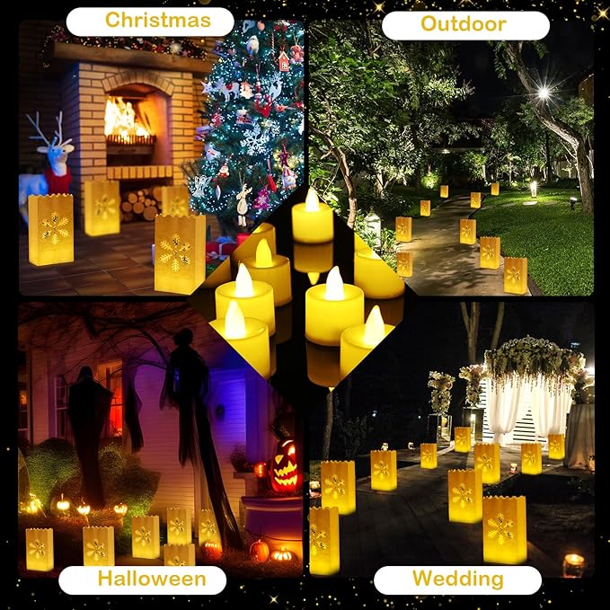 Sabary 50 Sets Luminary Bags with Flameless Tea Lights Outdoor Luminaries LED Lantern Candle Bags for Wedding Birthday Ramadan Christmas Party Decorations Romantic Decor(Snowflake)