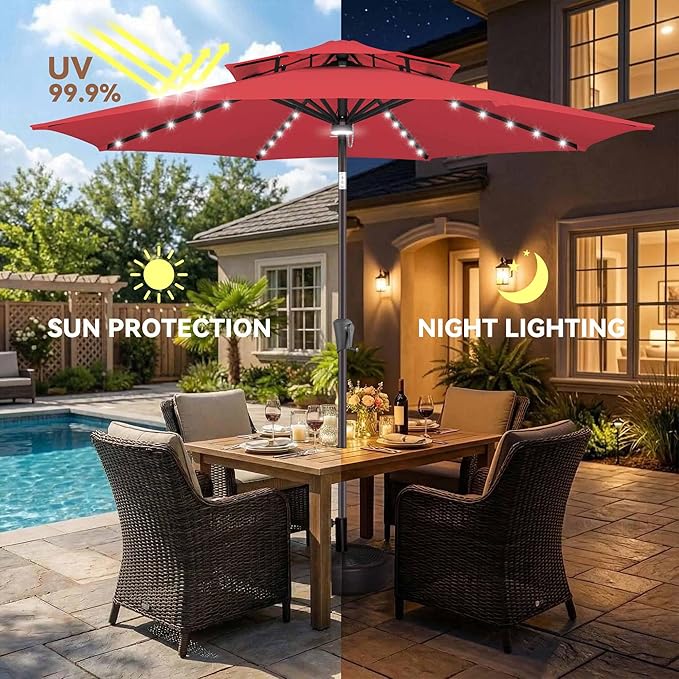 Jarka&Co 9ft Solar Patio Umbrella - 2 Tiers Solar Outdoor Umbrella with 40 LED Lights Waterprool UV Protection, Market Table Umbrella with Tilt for Backyard, Garden, Pool, Porch (Red)
