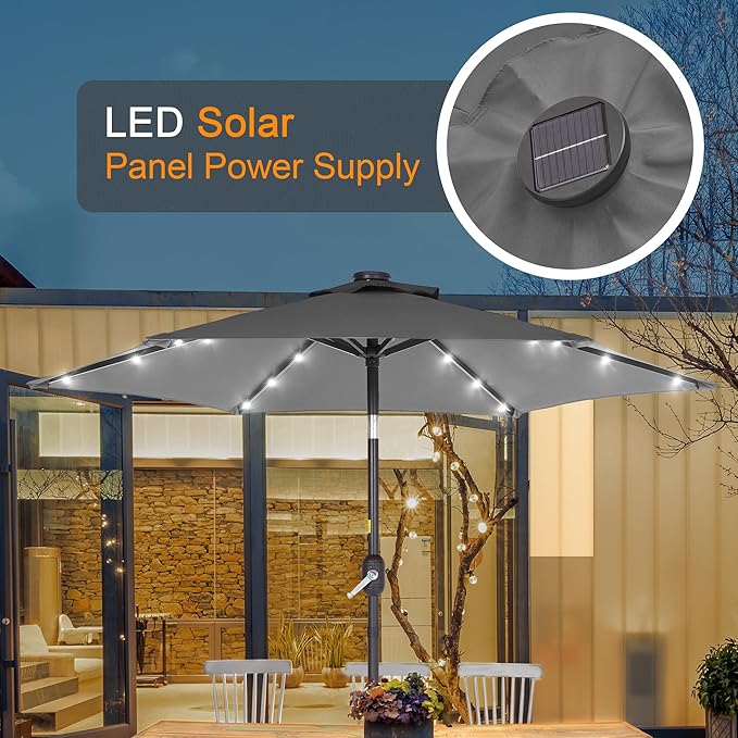 7.5ft Outdoor Umbrella Patio Umbrella with Solar Lights,18 LED Lighted Table Market Outdoor Umbrella, 2-Year-Non-Fading, for Pool, Deck, Garden,Backyard