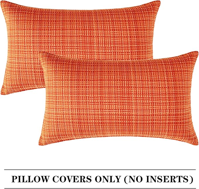Kevin Textile Outdoor Waterproof 12"x24" Lumbar Pillow Covers 2 Pack Orange | Water Resistant, Faux Linen Yarn-dyed, Woven Texture Throw Pillow Covers for Tent Patio Garden Couch Sofa