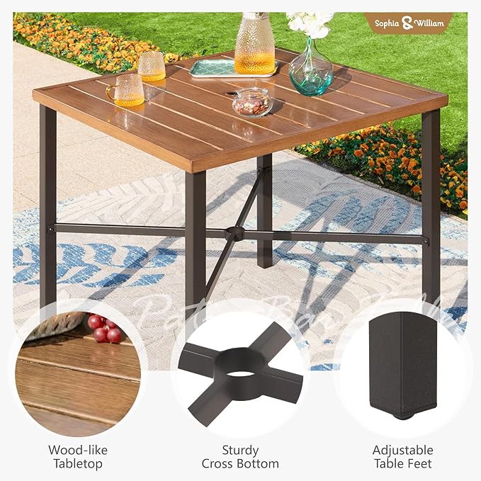 Sophia & William Patio Bar Table Outdoor Metal Square Bar Height Dining Table with 1.61’’ Umbrella Hole