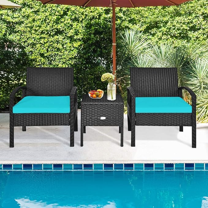 HAPPYGRILL 3 Piece Patio Furniture Set Rattan Wicker Sofa Set with Removable Cushions and Coffee Table, Outdoor Conversation Bistro Chairs Set with Storage Table for Garden Poolside Balcony