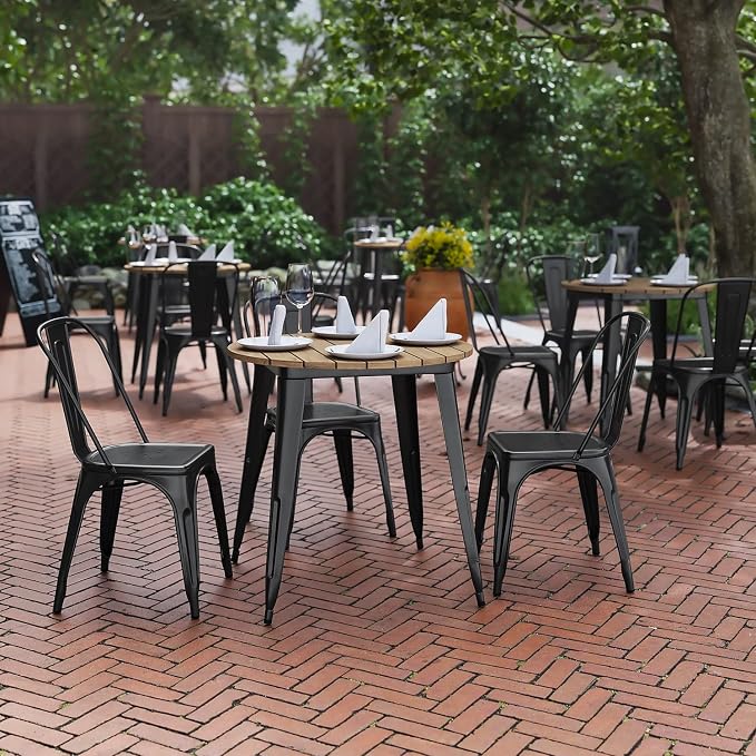 Flash Furniture Declan Commercial Outdoor Dining Table, All Weather Poly Resin Top with Steel Base, 30" Round, Brown/Black