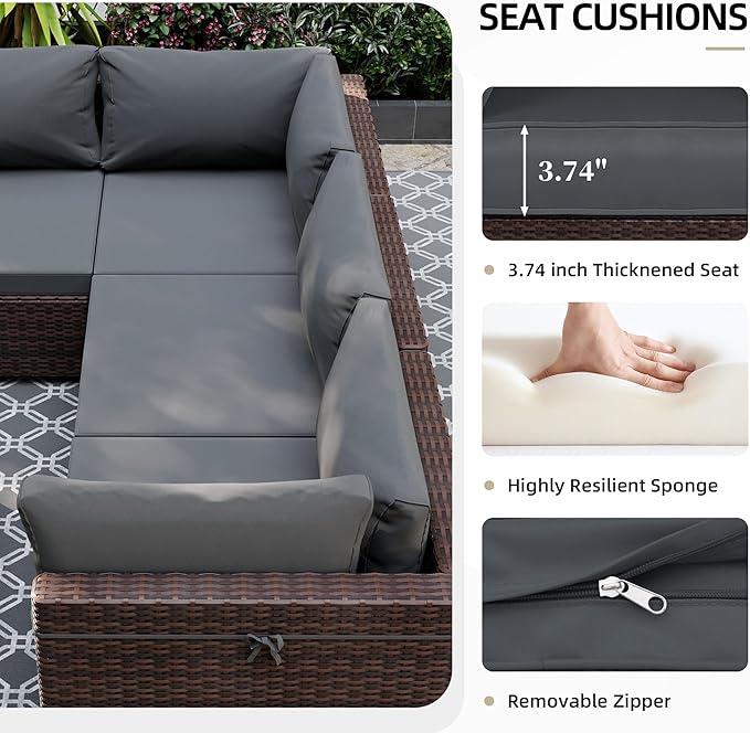 UPHA 5 Pieces Patio Furniture Sets, Wicker Outdoor Sectional Sofa Couch with Coffee Table, Patio Conversation Set for Deck Backyard Garden, Brown Rattan, Dark Gray Cushion