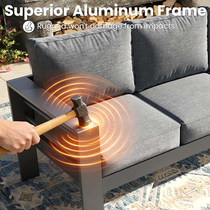 5 Pieces Modern Aluminum Patio Furniture Set, Outdoor Conversation Sets Metal Sectional Sofa with Coffee Table