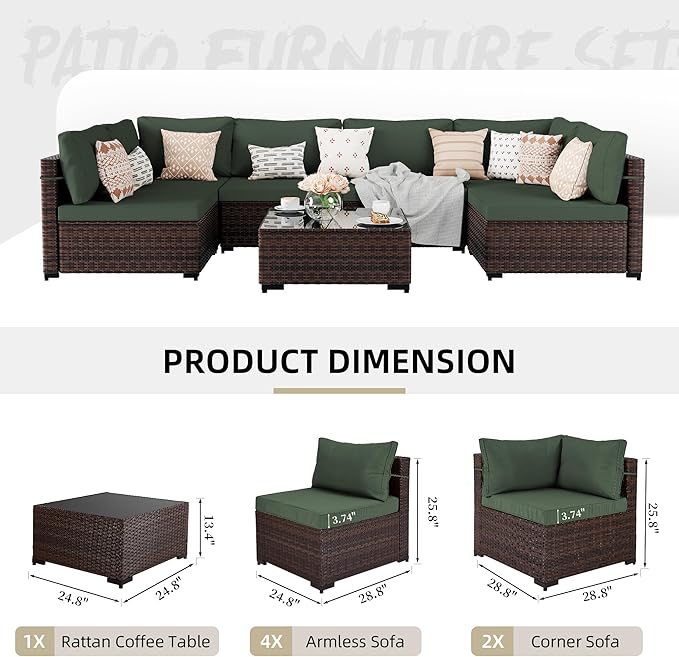 UPHA 7 Pieces Patio Furniture Sets, Wicker Outdoor Sectional Sofa Couch with Coffee Table, Patio Conversation Set for Deck Backyard Garden, Brown Rattan, Pine Green Cushion