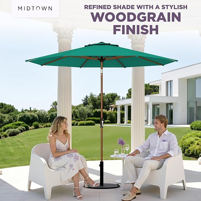 Midtown Umbrellas Wooden 2-8 Ft Patio Umbrella with 360° Swivel & Tilt Mechanism, 8 Fiberglass Ribs & Sunbrella Fabric - Outdoor Umbrella for Deck, Pool & Garden - Burgundy Canopy, Wooden Pole