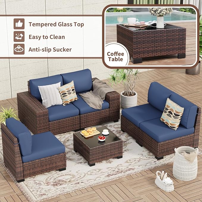 Outdoor Patio Furniture Set, 8'' Wide armrest Outdoor Sectional Rattan Sofa Set, Wicker Patio Furniture Sets w/Coffee Table,Thick Cushions and Cover for Porch, Balcony,Deck 6 PCS(Brown&Navy)
