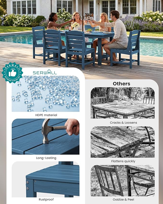 SERWALL Armless Outdoor Dining Chair Set of 2, All Weather Resistant, Blue | Armless Dining Chairs built to last with 330 lb capacity. Compact 24.6"Dx19.3"Wx33.6"H. Weatherproof & easy to clean.