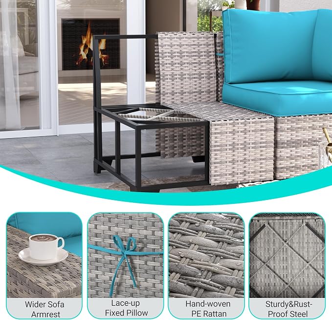 7-Piece Outdoor Patio Furniture Set with 55,000 BTU Fire Pit Table, PE Wicker Rattan Sectional Sofa Set Patio Conversation Set with Coffee Table, Turquoise