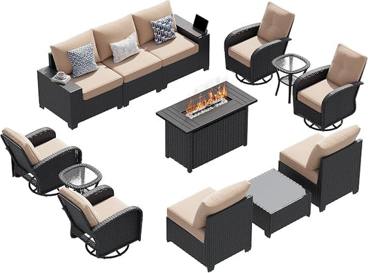 LazySunsets 13 PCS Patio Furniture Set with 44'' Fire Pit Table, Outdoor Sectional All-Weather Wicker Conversation Set with Swivel Rocker Chairs, 4'' Thick Cushions for Backyard Poolside(Cream/Black)