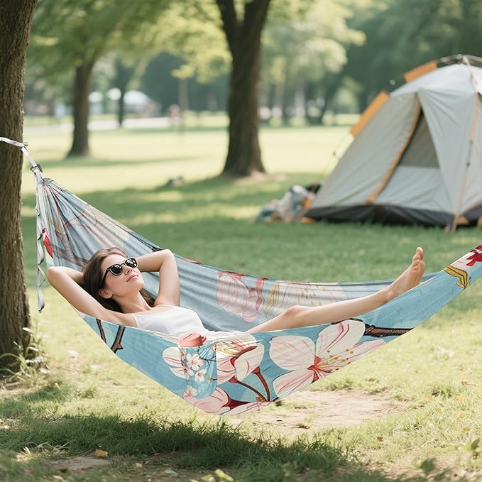 Japanese Cherry Pink Blossom 330lb Capacity Outdoor Hammock with Tree Straps Swing Hammock for Outside Patio Garden Silla colgante para Patio Exterior