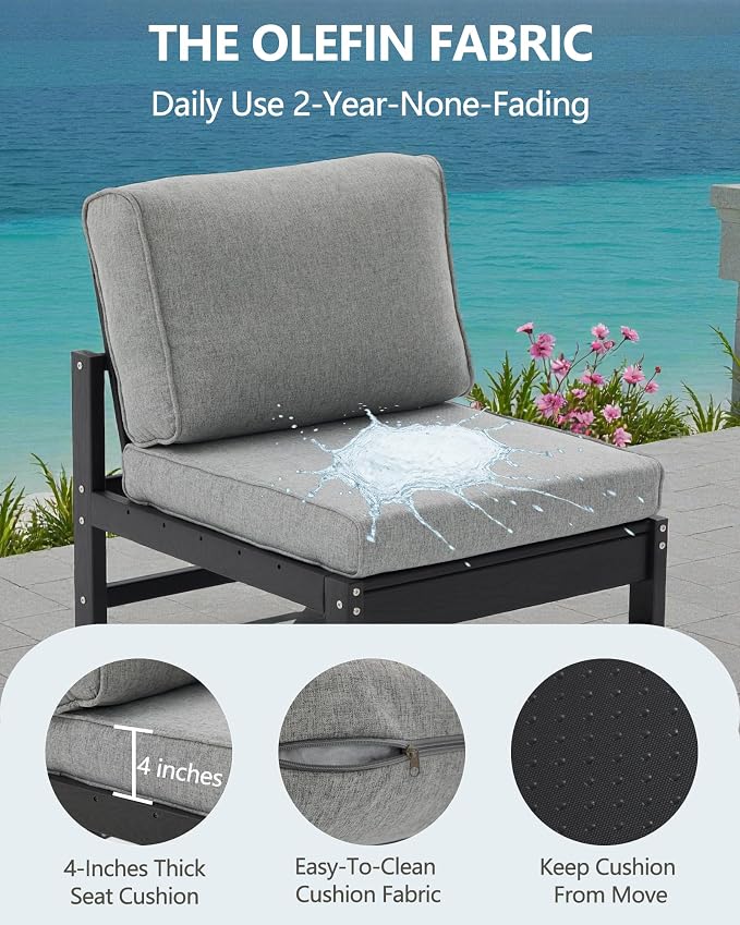 HDPE Outdoor Patio Chair Set with Cushions, 3-Piece Armless Chair Conversation Set with 2 Weatherproof Armless Chairs and Side Table, All-Weather Waterproof Outdoor Seating for Porch, Balcony & Garden