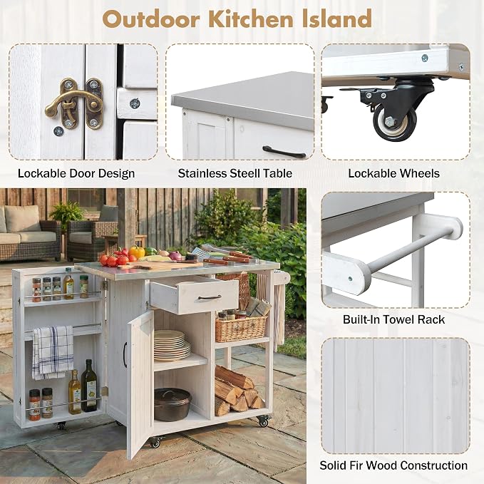Outdoor Deck Box with Stainless Steel Worktop, White Fir Wood Patio Storage Cabinet for Garden Tools and Pool Accessories, Weather-Resistant Storage for Patio & Deck, 40.5 x 18.5 x 35.6 Inches, White