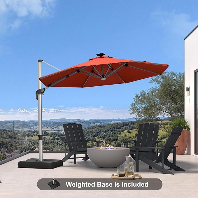 PURPLE LEAF Cantilever Umbrella with base 10ft Outdoor Round Patio Solar Powered LED Umbrella with 360-degree Rotation for Garden Deck Pool Patio, Brick Red