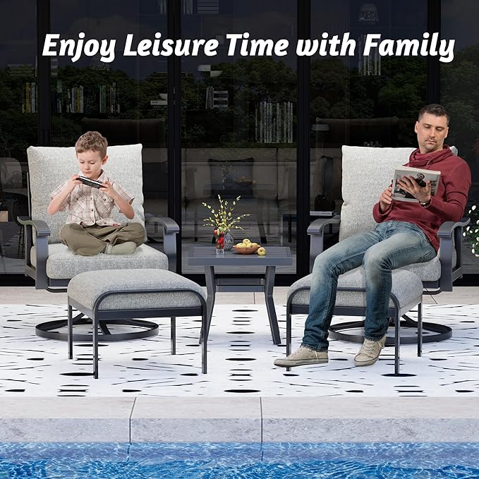 HOMREST Outdoor Swivel Rocker Patio Chairs with Ottomans and Coffee Table 5 PCS Bistro Set, 360 Degree Swivel Rocking Chair Patio Conversation Set with Thickened Cushions for Garden, Deck and Poolside