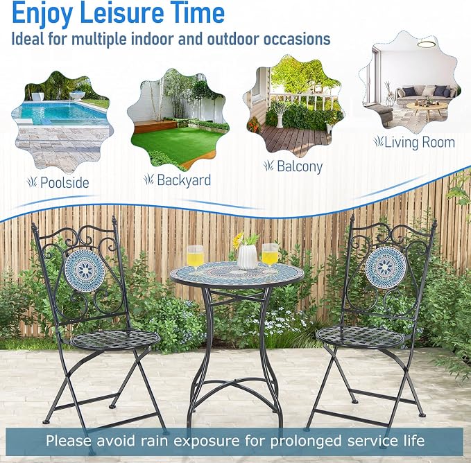 Giantex 24 Inch Patio Bistro Table, Mosaic Round Table w/Ceramic Tile Tabletop, Heavy-Duty Metal Structure, Outdoor Dining Table for Backyard, Garden, Porch (Multicolor (Floral Pattern))