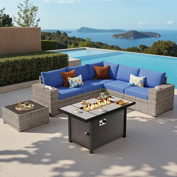 7-Piece Patio Furniture Set, Outdoor Wicker Rattan Patio Furniture Sectional Set with Coffee Table, All Weather Outdoor Fire Pit Conversation Set for Porch Backyard Balcony Garden, Navy Blue