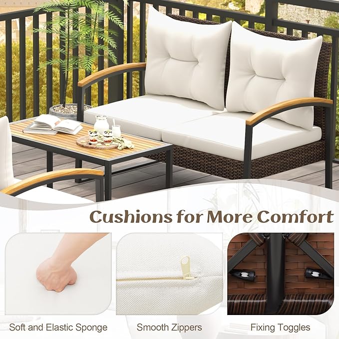 Tangkula 4 Piece Patio Conversation Set, with Heavy Duty Solid Acacia Wood Armrests & Tabletop, Outdoor Cushioned Wicker Furniture Set for Backyard, Poolside, Lawn, Balcony (1, Off White)