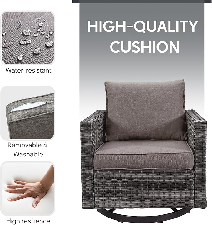 6 Piece Wicker Patio Furniture Set - Outdoor Swivel Rocker Chairs Set with Side Table, 3 Seat Sofa and Ottomans, Small Patio Conversation Sets Proch Furniture for Balcony Deck - Grey/Grey