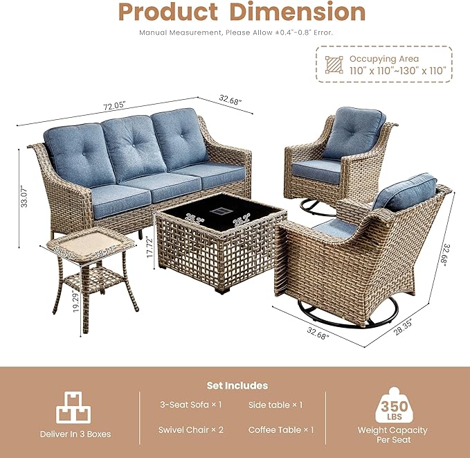 HOOOWOOO Patio Furniture Set,5 Pieces Wicker Outdoor Furniture,High Back Conversation Set with All Weather Resistant Solar Light Table Couch Swivel Chairs,Denim Blue