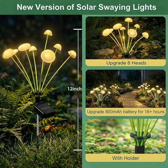 SyouHome 6 Pack Solar Garden Lights Outdoor, 8 Modes Warm White 32 LEDs Swaying Mushroom Lights for Outside Decor, Jellyfish Ambiance, IP65 Waterproof Outdoor for Garden, Pathway, Gifts for Mother