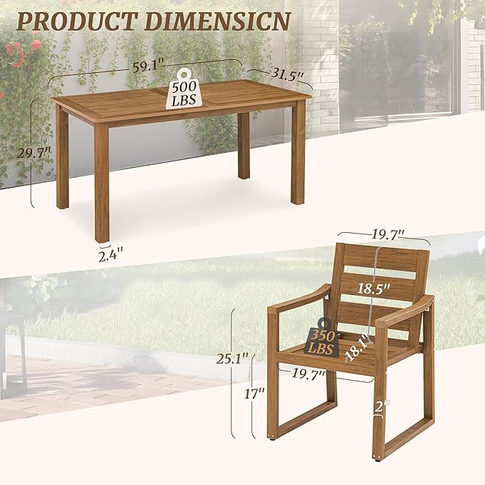 Cozyman Patio Table and Chairs Set, HDPS 5-Piece Outdoor Dining Set, Patio Furniture for Deck, Poolside, and Backyard, Teak Color-Oil Printed