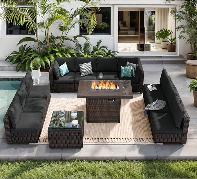 12 Piece Patio Furniture Set with Fire Pit Table, Outdoor Sectional Sofa PE Rattan, Patio Conversation Sets with Cushions for Garden Lawn Balcony Porch Deck Black