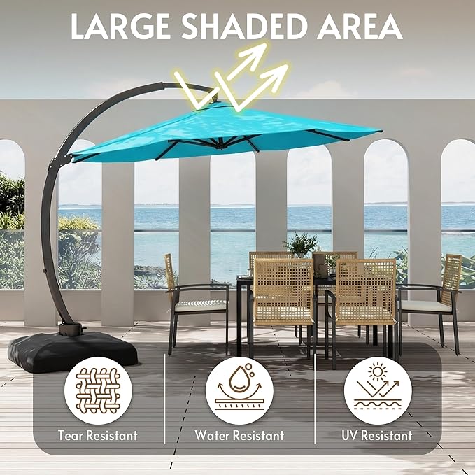 11FT Cantilever Patio Umbrella with Base Included, Large Cantilever umbrella with 360°Rotation, Heavy-Duty Offset Outdoor Umbrella for Patio,Pool,Garden and Backyard (Turquoise)