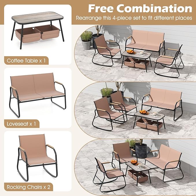 Tangkula 8 Pieces Patio Furniture Set with 2 Rocking Bistro Chairs, Outdoor Conversation Set with 2-Tier Coffee Table and Breathable Fabric Chairs for Porch, Garden, Lawn and Backyard (2, Brown)