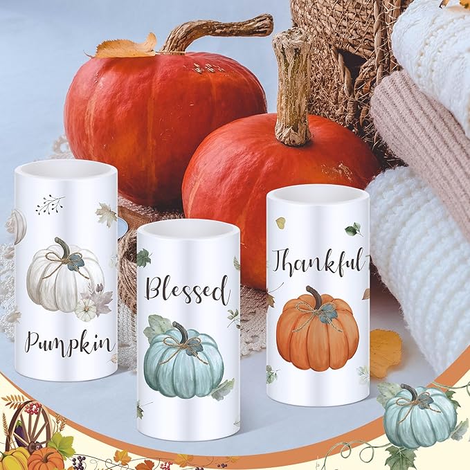 Retisee 3 Pcs Farmhouse Thanksgiving Flameless LED Candles Thanksgiving Battery Operated Candles with Remote Control Thankful Blessed Pumpkin Decor for Table Centerpiece Bedroom Harvest Decorations