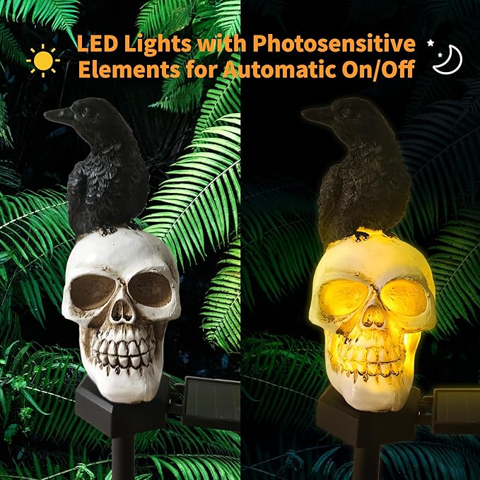 QH & Garden Halloween Outdoor Decoration Solar Lights, Waterproof Ghost Lights, Skull Solar Garden Statue with Black Crow on Skull, Skeleton Stakes with LED, Stunning Halloween Decorations