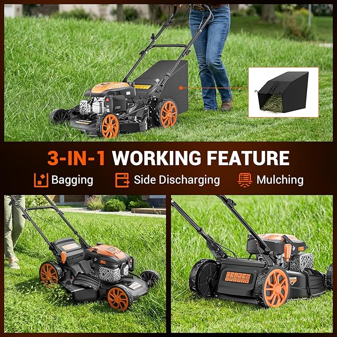 21" Self-Propelled Gas Lawn Mower, 170CC Engine, 3-in-1 Mulching, Bagging & Side Discharge, 7-Position Height Adjustment, Easy Lawn Care for Large Yards & Thick Grass