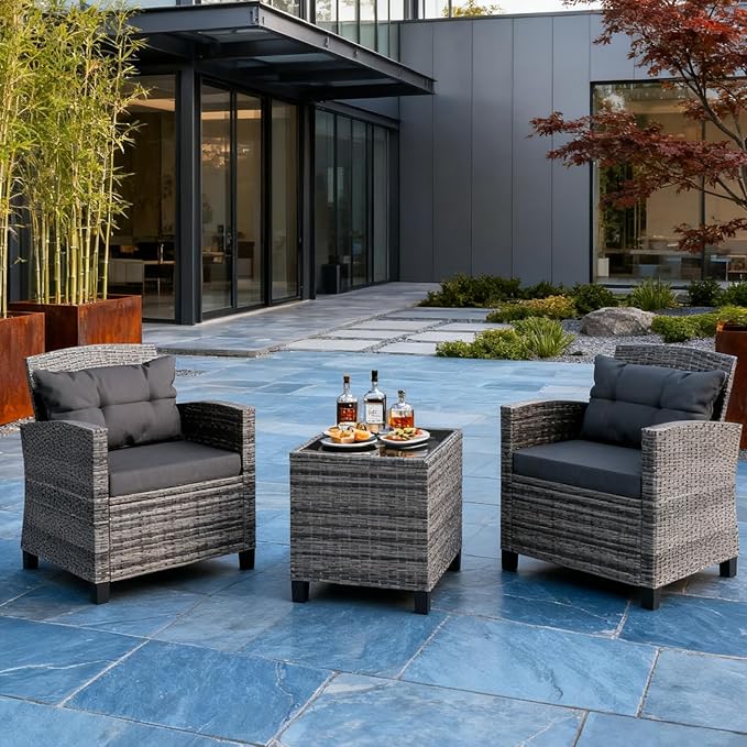 JAMFLY 3 Piece Wicker Patio Furniture Set - Space Saving Outdoor Rattan Conversation Set with Soft Cushions & Glass Coffee Table for Balcony, Porch, Small Backyard - All Weather Grey Bistro Set