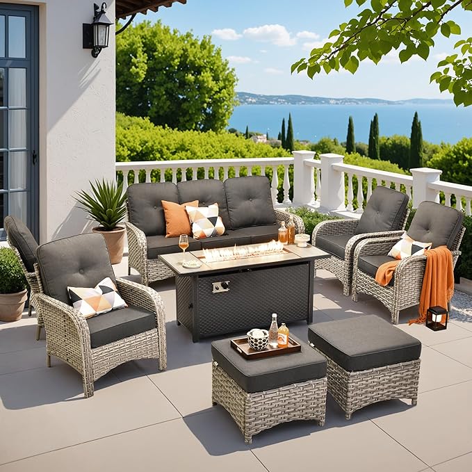 8-Piece Outdoor Patio Furniture Set with Fire Pit Table,All Weather Wicker Rattan Patio Seating Sofa and Chair Set with Ottomans,Outdoor Conversation Sets w/ 3 Seater Couch for Porch Deck Yard,Black