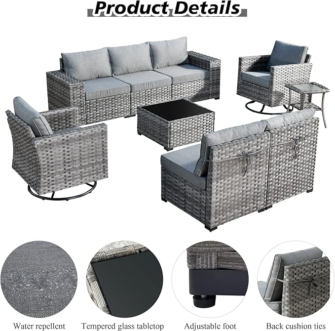 HOOOWOOO Outdoor Patio Sectional Furniture Sofa Set with Fire Pit Table,10 Piece Modern Wicker Couch with Swivel Chairs,Modular Conversation Seating Set with Widened Armrest for Garden(Dark Grey)