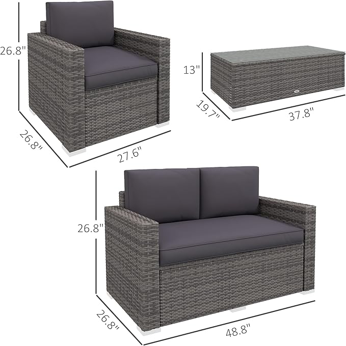 Outsunny 4 Piece Wicker Patio Furniture Set with Cushions, Outdoor Sectional Furniture with 2 Sofa, Loveseat, and Glass Top Coffee Table, Conversation Sofa Sets for Garden, Gray
