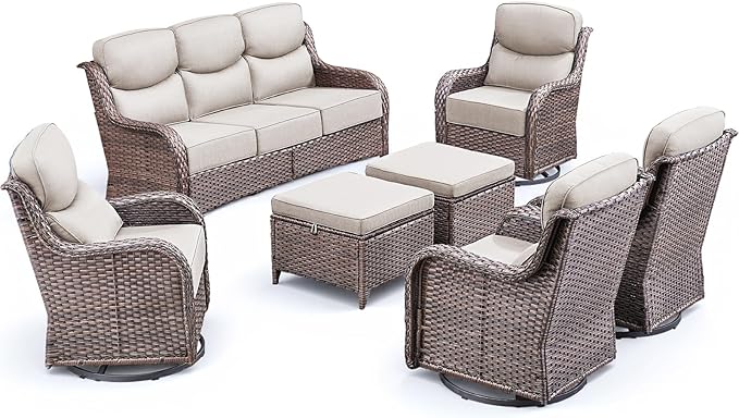 Luxury 7 Pieces Outdoor Patio Furniture Set-All Weather Wicker Outdoor Furniture with Swivel Rocker Patio Chairs 6-inch Extra Thick Cushions Wicker Conversation Set for Garden Porch(Brown/Beige)