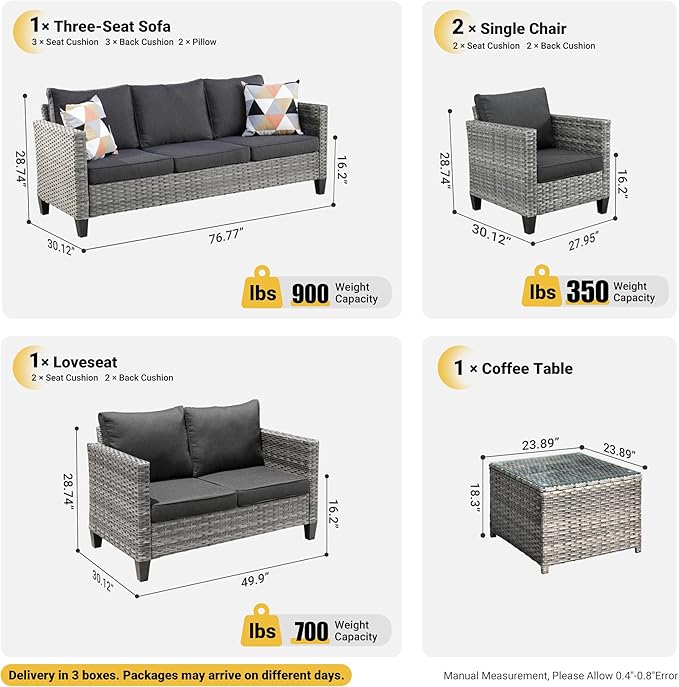 ovios 5 Pieces Patio Furniture Set, Outdoor Wicker Rattan Sofa Couch with Loveseat, Chairs, Glass Coffee Table, Conversation Sets for Yard Porch Garden, Black