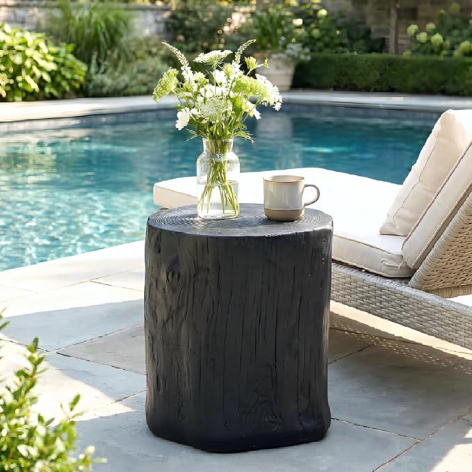 SUNBURY Outdoor Stump Side Table, Faux Wooden Concrete End Table, Black Round Patio Accent Table,Decorative Planter Stand Ottoman for Garden Household Living Room