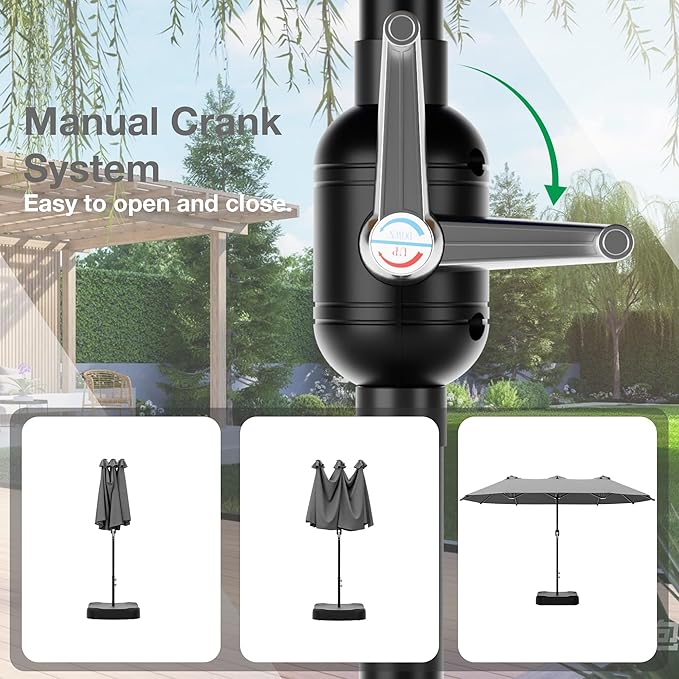 Joyside 15FT Large Patio Umbrella, Outdoor Double Sided Umbrella, Rectangle Umbrella with Crank Handle, 12 Sturdy Ribs for Deck, Porch and Pool