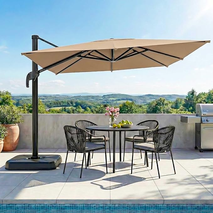 LAUSAINT HOME Cantilever Patio Umbrella, 360° Rotating Offset Umbrella with Aluminum Frame, Large Square Sunshade for Backyard, Pool, Deck, Lawn (Square, Khaki)