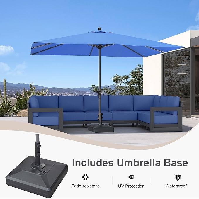 PURPLE LEAF 11.5' x 8' Rectangle Patio Market Umbrella with Base Outdoor Table Umbrellas Aluminum Frame Sun Shade with 8 Sturdy Ribs for Garden Deck Lawn Pool Sky Blue
