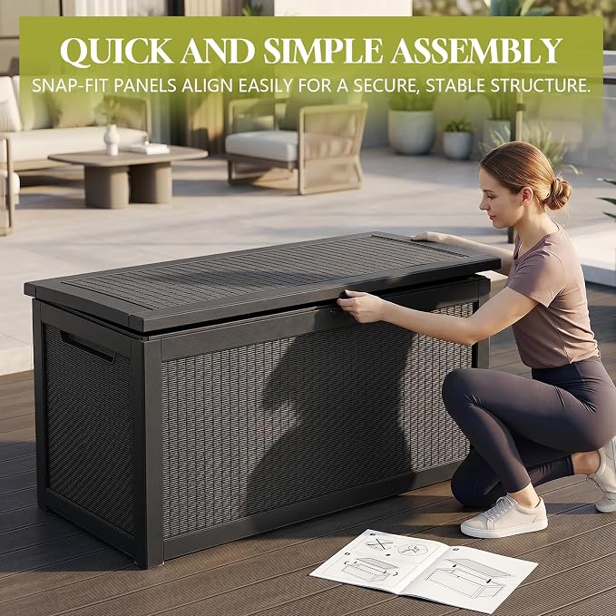 Waterproof Outdoor Storage Box Outside Deck Box Lockable Resin Bench UV Resistant Furniture Cushion Pool Tool Float Bin Patio Garden Porch (Black, 320 Gallon)