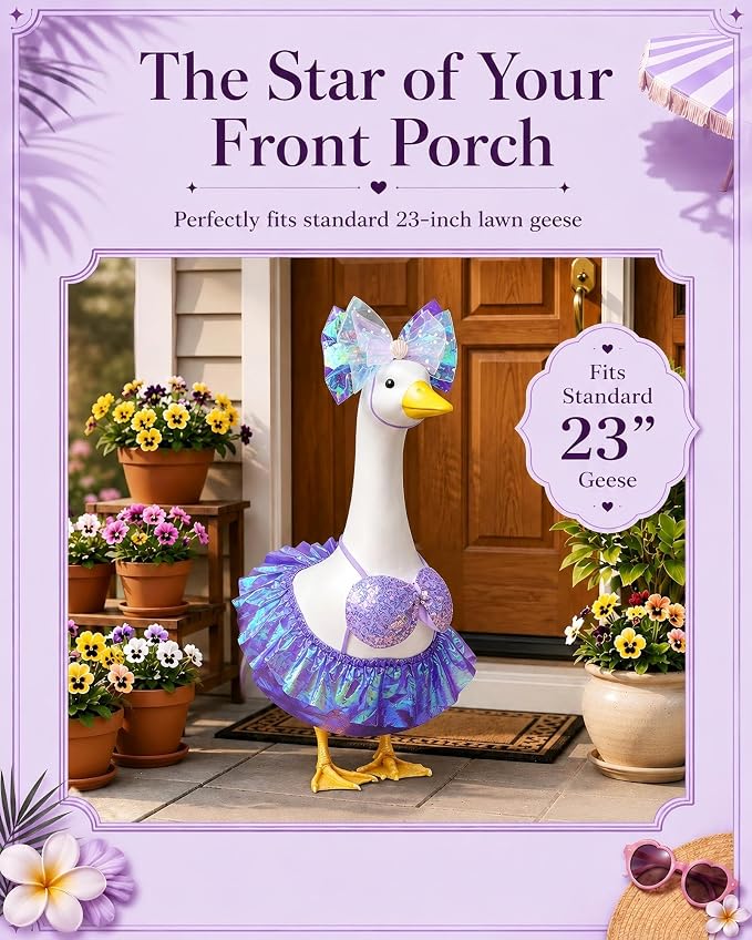 Lawn Goose Outfit Bikini Costume Set, Summer Porch Goose Outfit With Headband Sequin Top Ruffle Skirt Clothes, Fits Standard 23 Inch Porch Goose Statue, Outdoor Garden Yard Decor (Iridescent Purple)