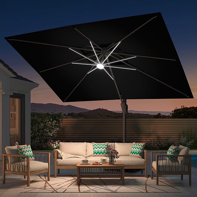 10' X 13' Patio Umbrella with Weighted Base and LED Lights Outdoor Cantilever Large Rectangle Offset Umbrellas Heavy Duty Aluminum Double Top with 360-degree Rotation for Pool Garden Deck, Black