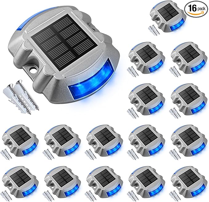 VOLISUN Solar Deck/Dock Lights, 16-Pack Led IP68 Waterproof Outdoor Warning Step Lights for Driveway Sidewalk Garden Pathway Yard (Blue, Auto On/Off