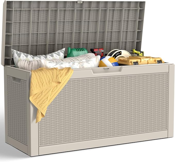 LubanNese Outdoor Storage Box, Waterproof Deck Box, Outdoor Patio Storage Bin, Weatherproof (Grey, 66 Gallon with Seat)